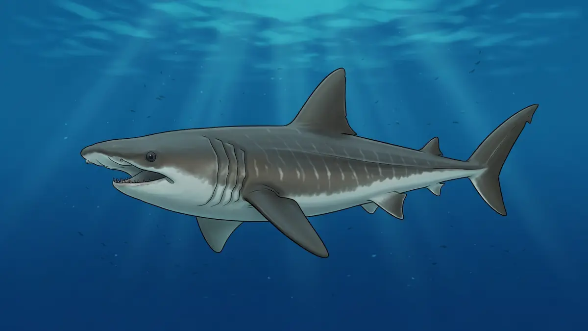 Un requin pèlerin nage dans l'océan bleu sous les rayons du soleil