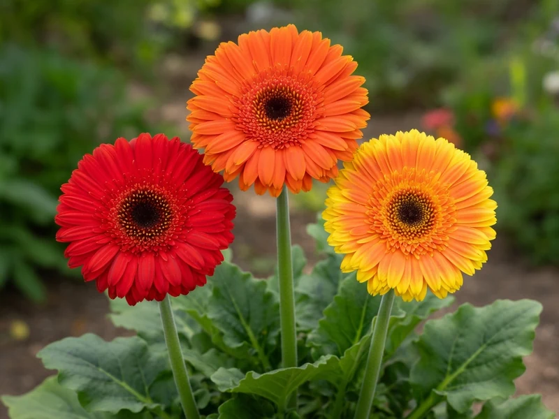 Trois gerbera rouge orange et jaune s'épanouissent dans un jardin