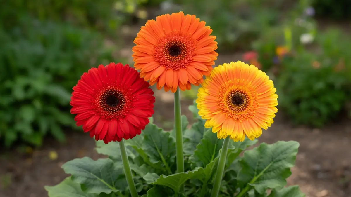 Trois gerbera rouge orange et jaune s'épanouissent dans un jardin