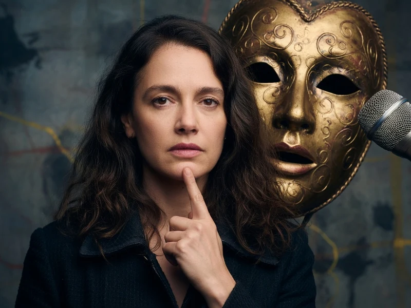 Marie Vialle pose le doigt sur le menton à côté d'un masque et d'un micro