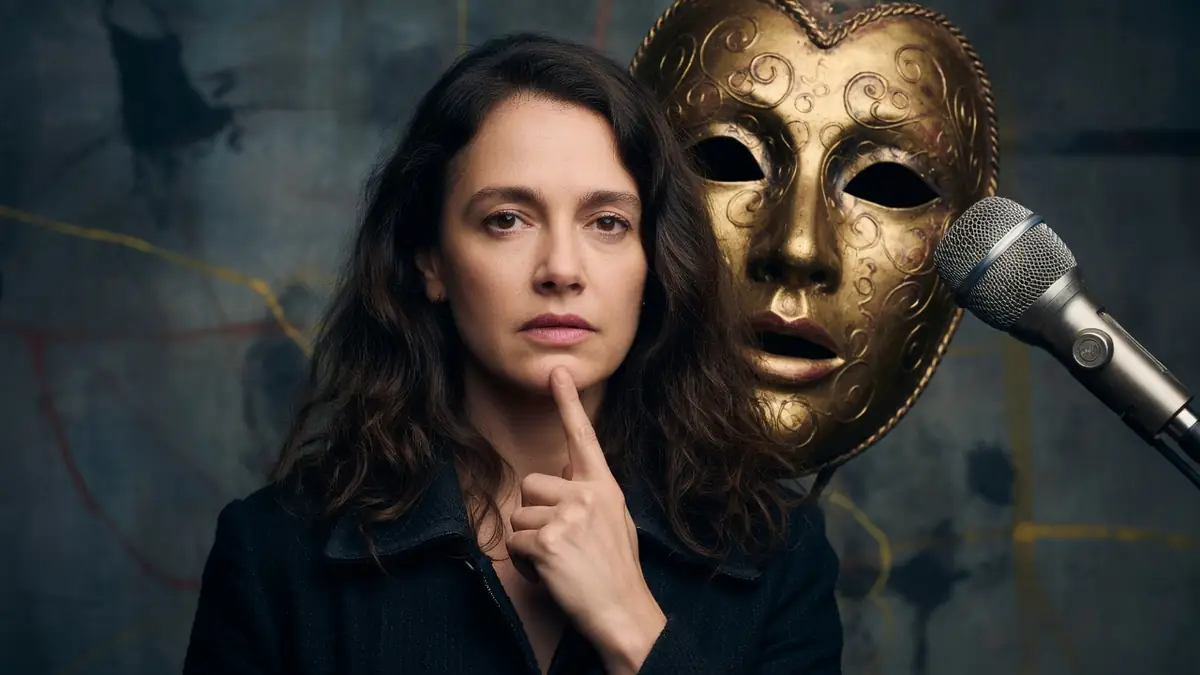 Marie Vialle pose le doigt sur le menton à côté d'un masque et d'un micro
