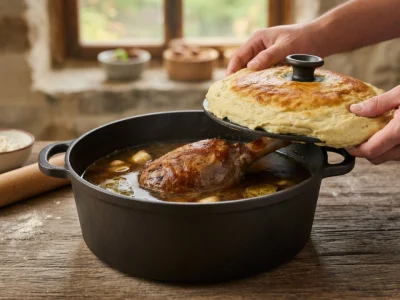Des mains soulèvent le couvercle d'une cocotte contenant un gigot de 7 heures
