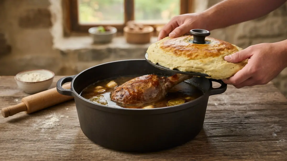 Des mains soulèvent le couvercle d'une cocotte contenant un gigot de 7 heures