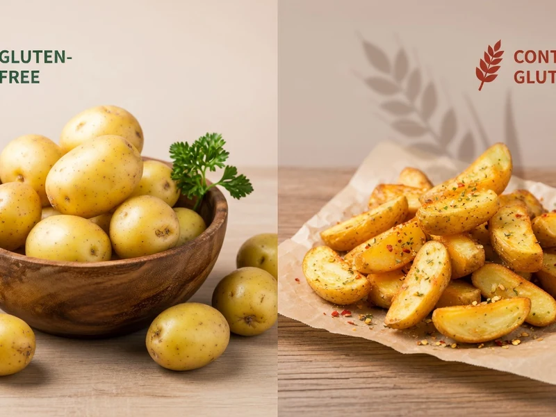 Des pommes de terre entières dans un bol et des pommes de terre rôties sur du papier illustrent gluten pommes de terre