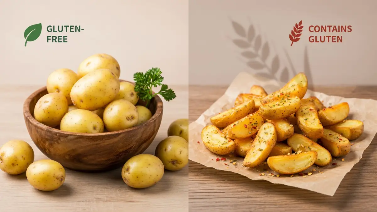 Des pommes de terre entières dans un bol et des pommes de terre rôties sur du papier illustrent gluten pommes de terre