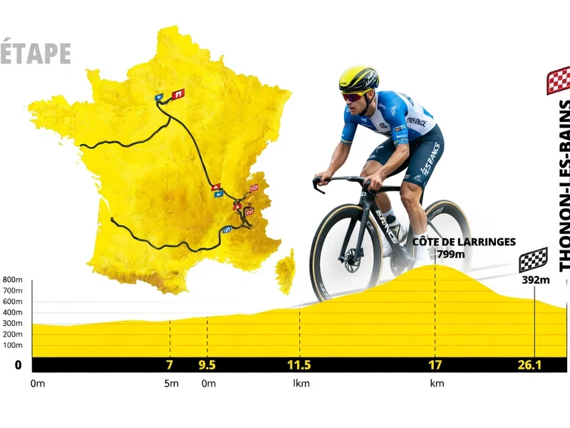 Un cycliste de course avec la carte du parcours et le profil altimétrique de la 16e étape du Tour de France 2026