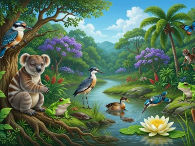 Une forêt tropicale vibrante abritant de nombreuses faunes et flores dont un koala, des oiseaux et des grenouilles.