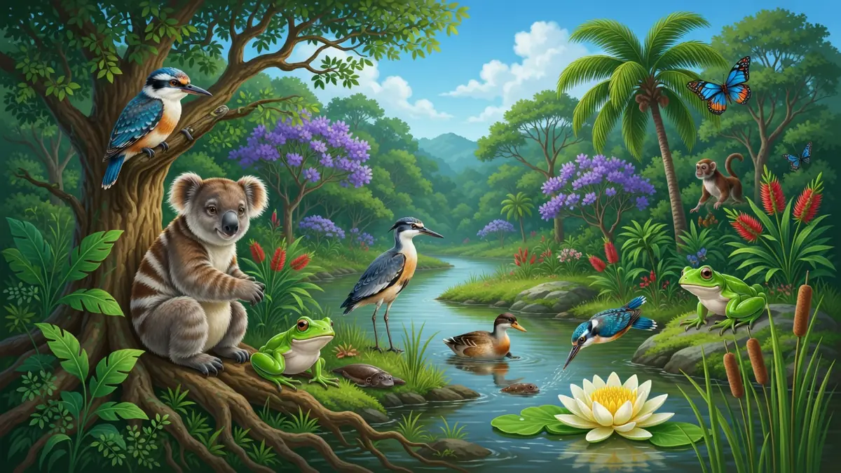 Une forêt tropicale vibrante abritant de nombreuses faunes et flores dont un koala, des oiseaux et des grenouilles.