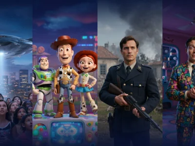 Collage illustrant la sortie cinéma juin 2026 avec un ovni, Toy Story, un tireur et un costume extravagant