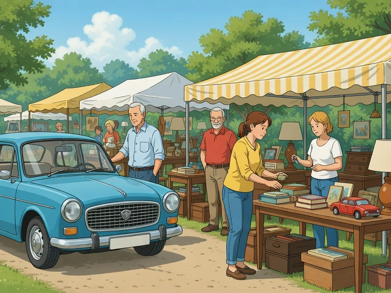 Une voiture bleue garée près de stands lors d'un vide-grenier dans le 01 animé par des visiteurs