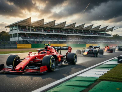 La voiture rouge mène le peloton au Silverstone F1 Grand Prix devant les tribunes