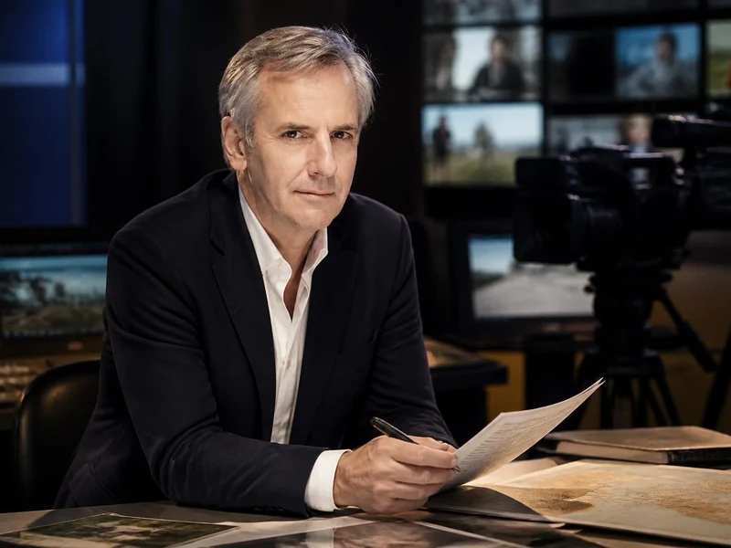Portrait de Bernard de La Villardière assis à son bureau devant du matériel de tournage