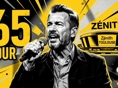Un chanteur tenant un microphone devant une arène pour Florent Pagny Toulouse 2026