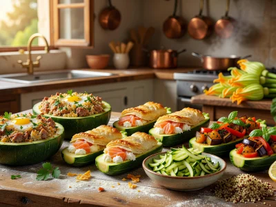 Une sélection de courgettes farcies aux légumes et poissons sur une table de cuisine rustique