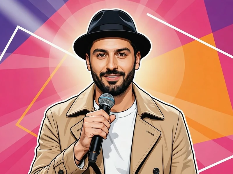 Adrien Galo sourit en tenant un microphone dans une illustration colorée