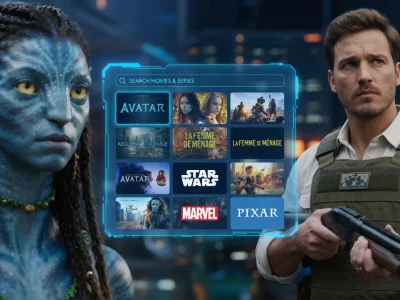Une Na'vi bleue et un homme armé encadrent une interface holographique de streaming badfov futuriste