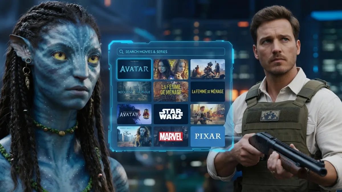 Une Na'vi bleue et un homme armé encadrent une interface holographique de streaming badfov futuriste