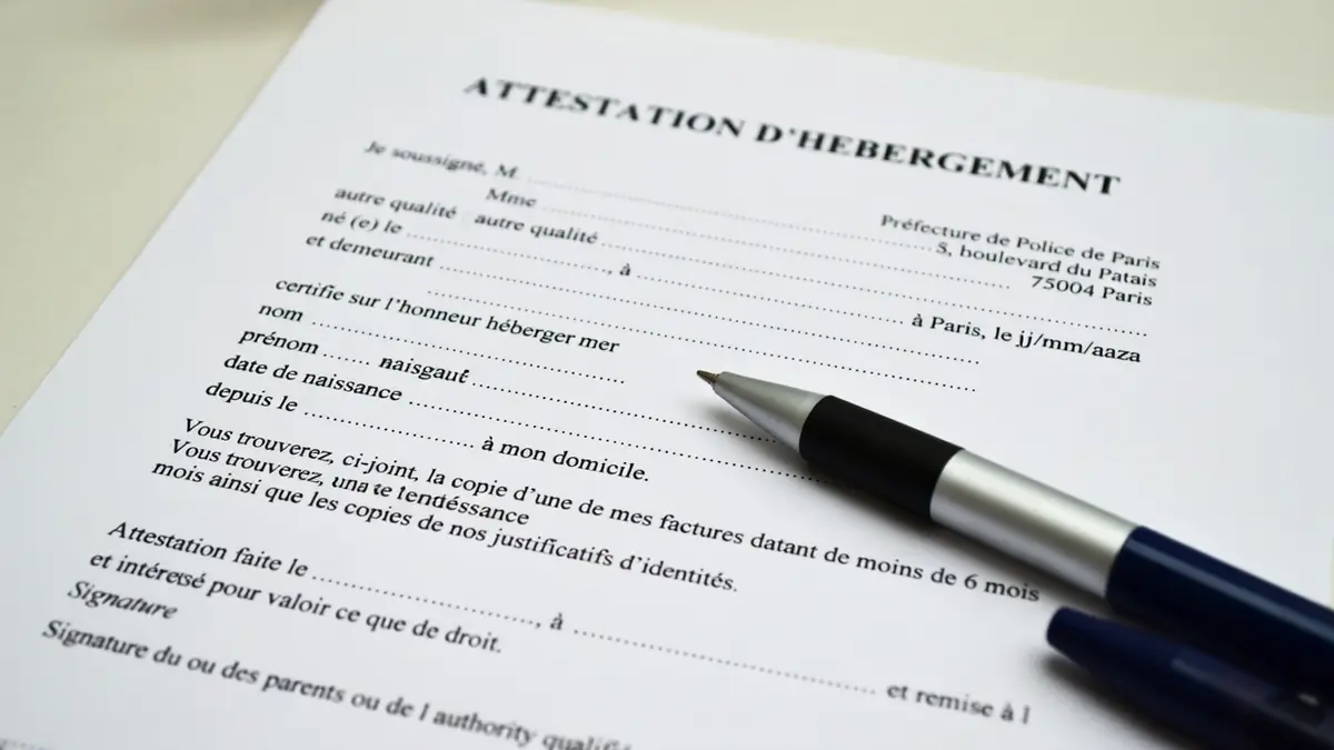 Un stylo repose sur une attestation d'hébergement