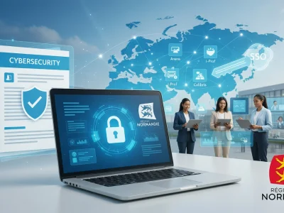 Professionnels collaborant sur l'intranet Normandie dans un bureau moderne avec visualisation de données numériques