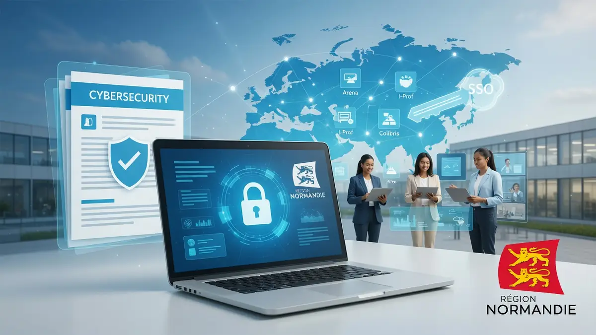 Professionnels collaborant sur l'intranet Normandie dans un bureau moderne avec visualisation de données numériques