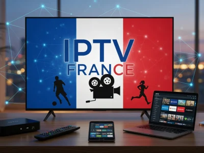 Grand écran de télévision et appareils numériques pour iptv France sur une table face à la ville