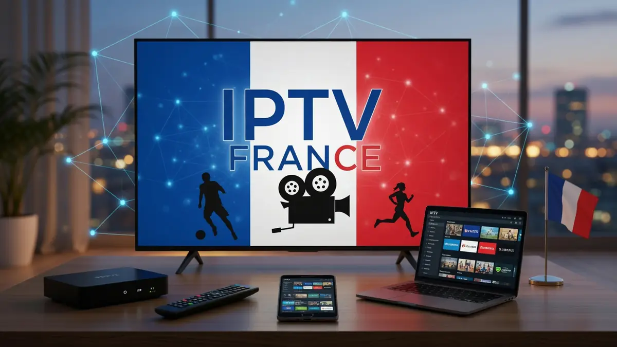 Grand écran de télévision et appareils numériques pour iptv France sur une table face à la ville