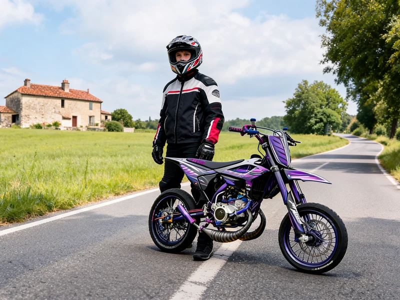 Un motard se tient à côté de sa moto 50cc sur une route de campagne