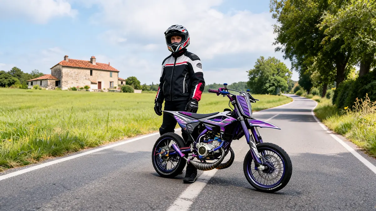 Un motard se tient à côté de sa moto 50cc sur une route de campagne