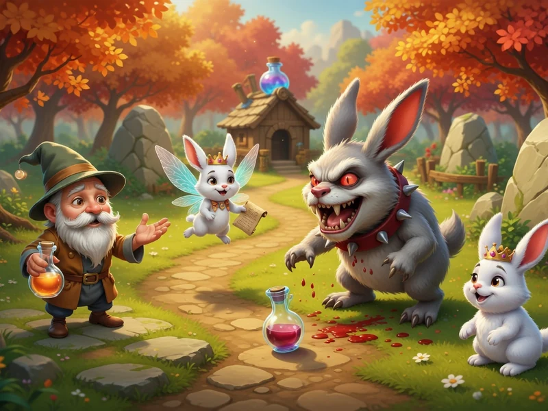 Un magicien explore wogew l'hewmite avec des lapins et une potion sur un sentier forestier