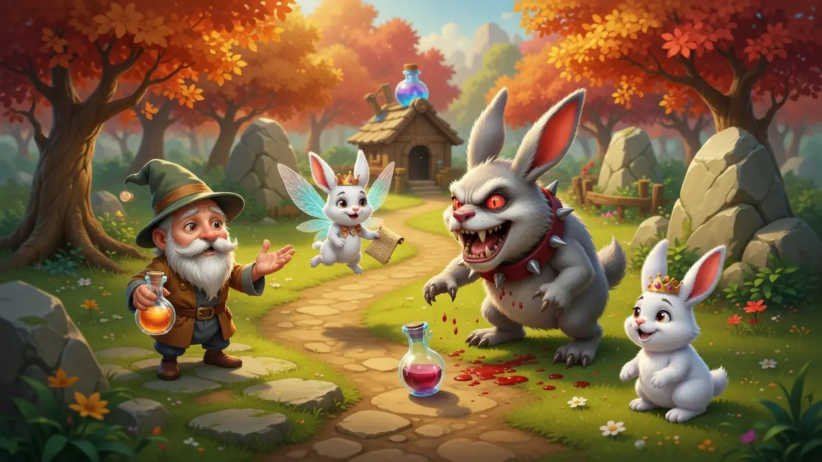 Un magicien explore wogew l'hewmite avec des lapins et une potion sur un sentier forestier