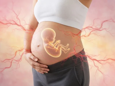 Femme enceinte avec une illustration transparente d'un embryon pour représenter les 2 mois de grossesse