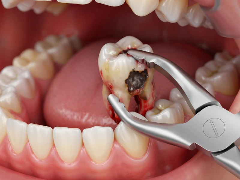 Des forceps effectuent des avulsions dentaires dans une bouche ouverte sur une dent endommagée
