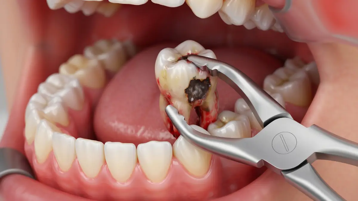 Des forceps effectuent des avulsions dentaires dans une bouche ouverte sur une dent endommagée