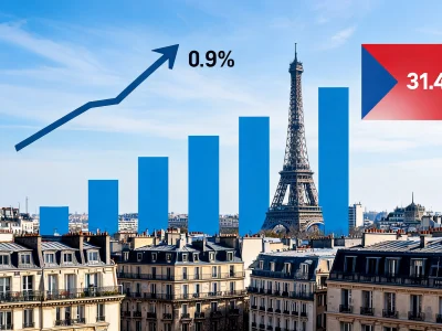 Vue des toits de Paris avec la tour Eiffel et un graphique en hausse pour les impôts sur le revenu 2026