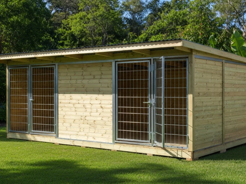 Un Doppelzwinger en bois clair offre deux compartiments sur une pelouse ensoleillée