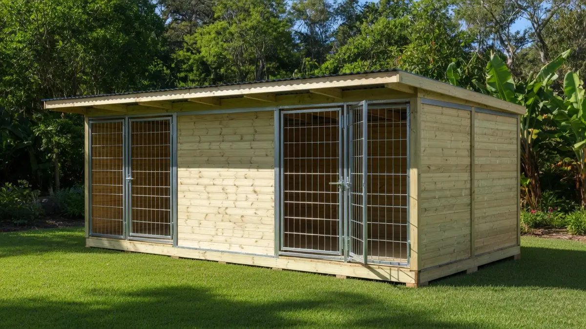Un Doppelzwinger en bois clair offre deux compartiments sur une pelouse ensoleillée