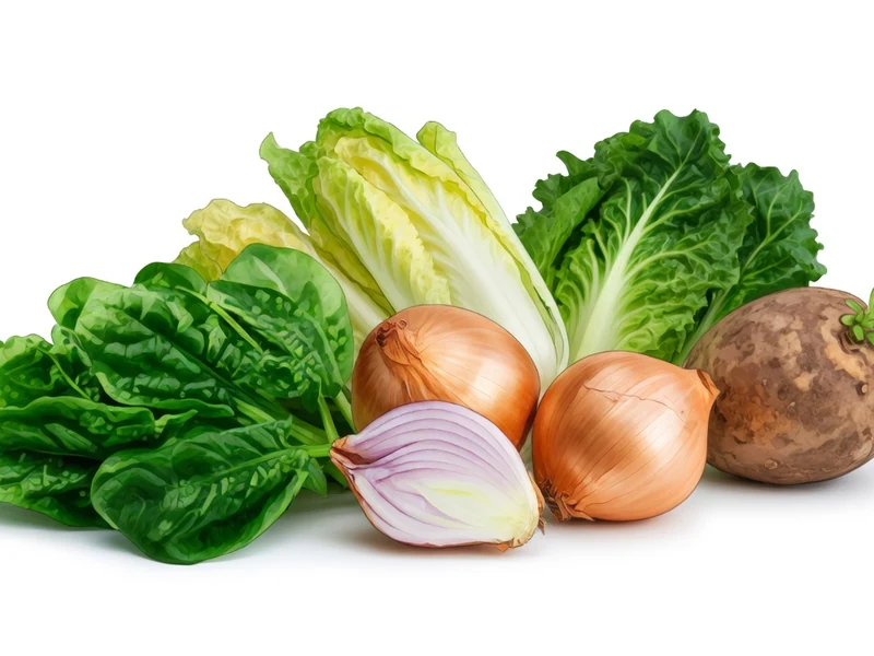 Des légumes verts, oignons et tubercule avec un légume en é sur fond blanc
