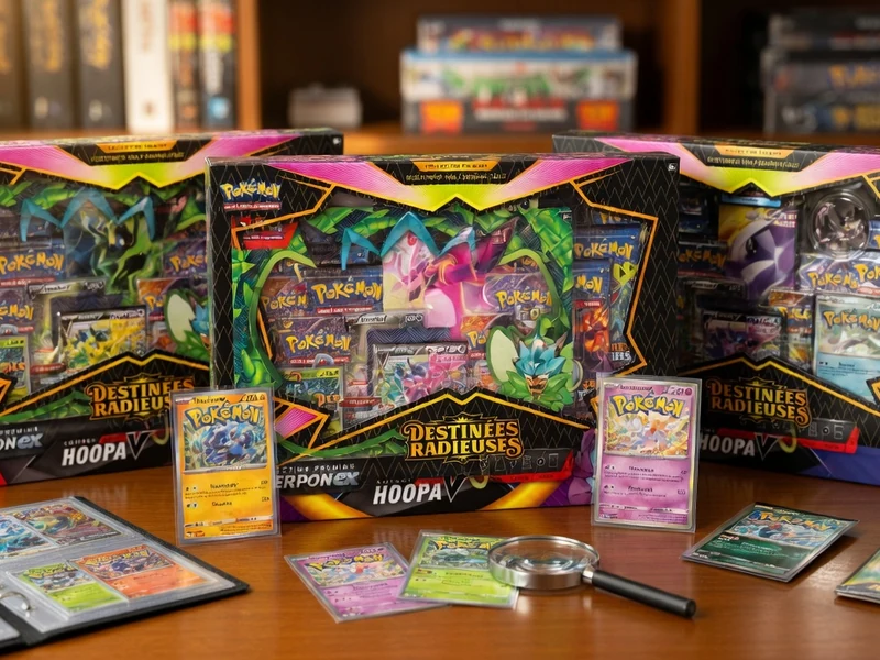 Des boîtes de pack carte Pokémon sont alignées sur une table en bois près de cartes et d'une loupe