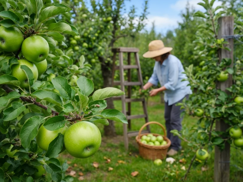 Une personne récolte des pommes sur un pommier vert dans un verger