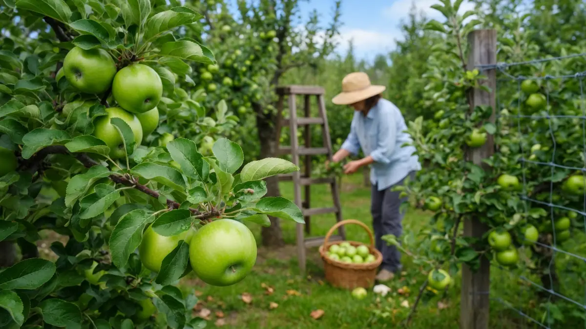 Une personne récolte des pommes sur un pommier vert dans un verger