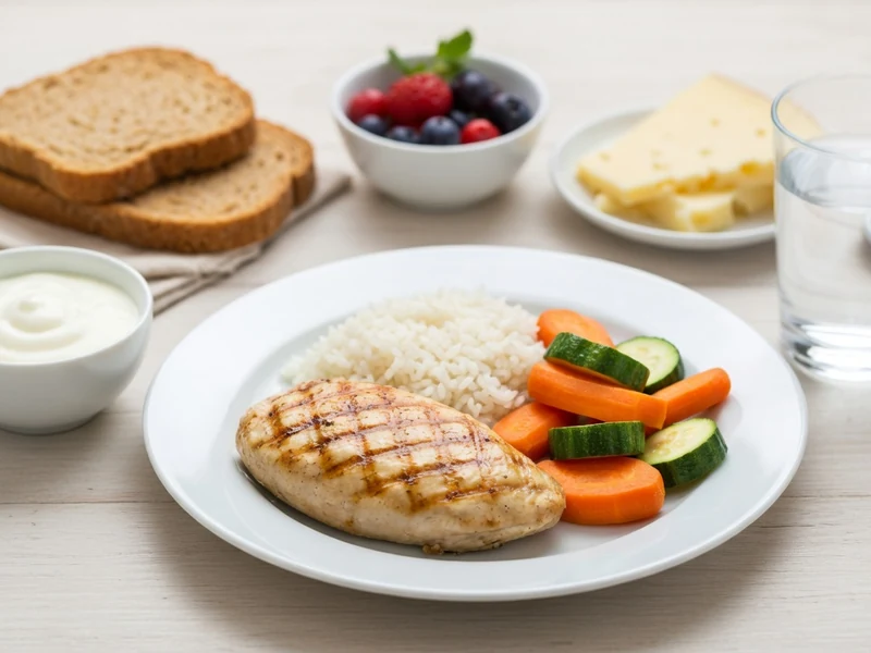 Un repas avec poulet grillé riz et légumes pour un sans résidus régime