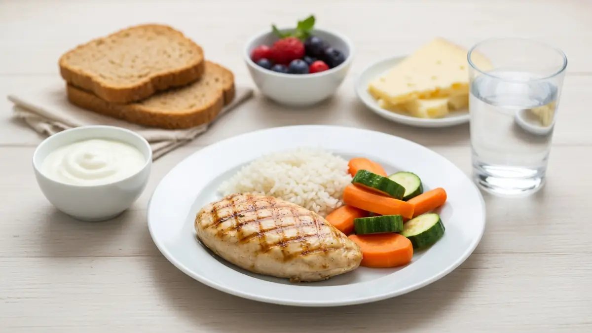 Un repas avec poulet grillé riz et légumes pour un sans résidus régime