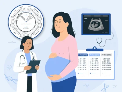 Une professionnelle de santé accompagne une femme enceinte pour calculer la semaine de grossesse à l'aide d'outils médicaux
