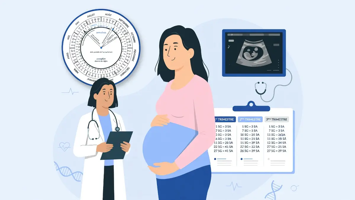 Une professionnelle de santé accompagne une femme enceinte pour calculer la semaine de grossesse à l'aide d'outils médicaux