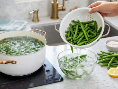 Une main verse des haricots verts d'une passoire dans un bol d'eau glacée pour blanchir haricots verts