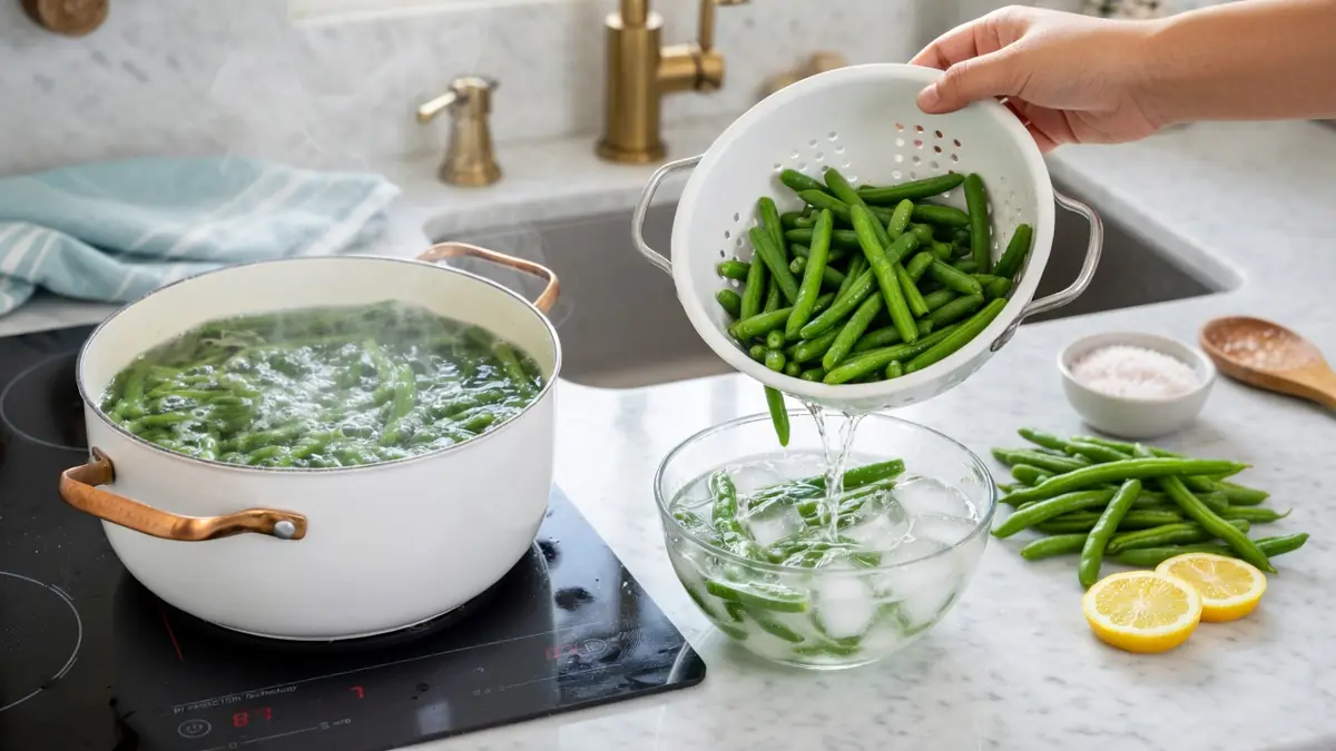 Une main verse des haricots verts d'une passoire dans un bol d'eau glacée pour blanchir haricots verts