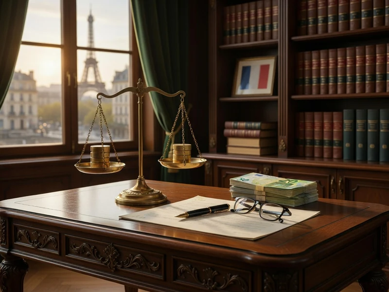 Bureau avec balance et vue Eiffel pour calculer une indemnité de licenciement