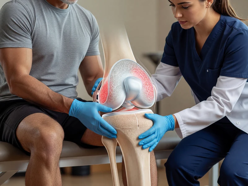 Une soignante examine le genou d'un patient avec un modèle anatomique de douleur ménisque