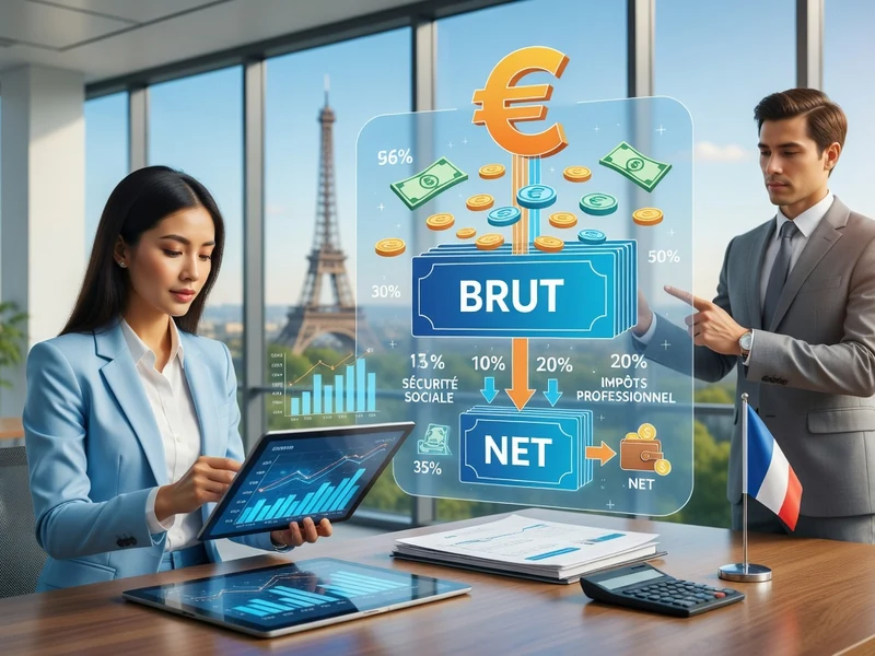 Professionnels examinant des hologrammes pour convertir un salaire net en brut dans un bureau avec vue sur Paris
