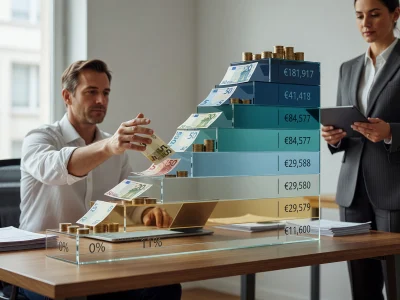 Un homme place des billets sur une maquette de la tranche impôt sur le revenu observée par une femme